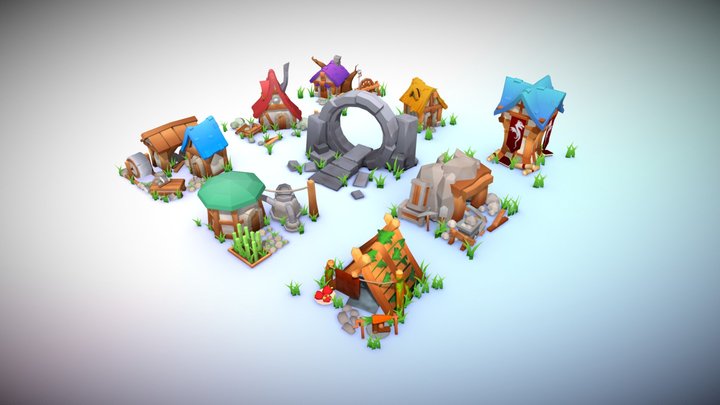 Low Poly Fantasy Town Buildings 3D Model