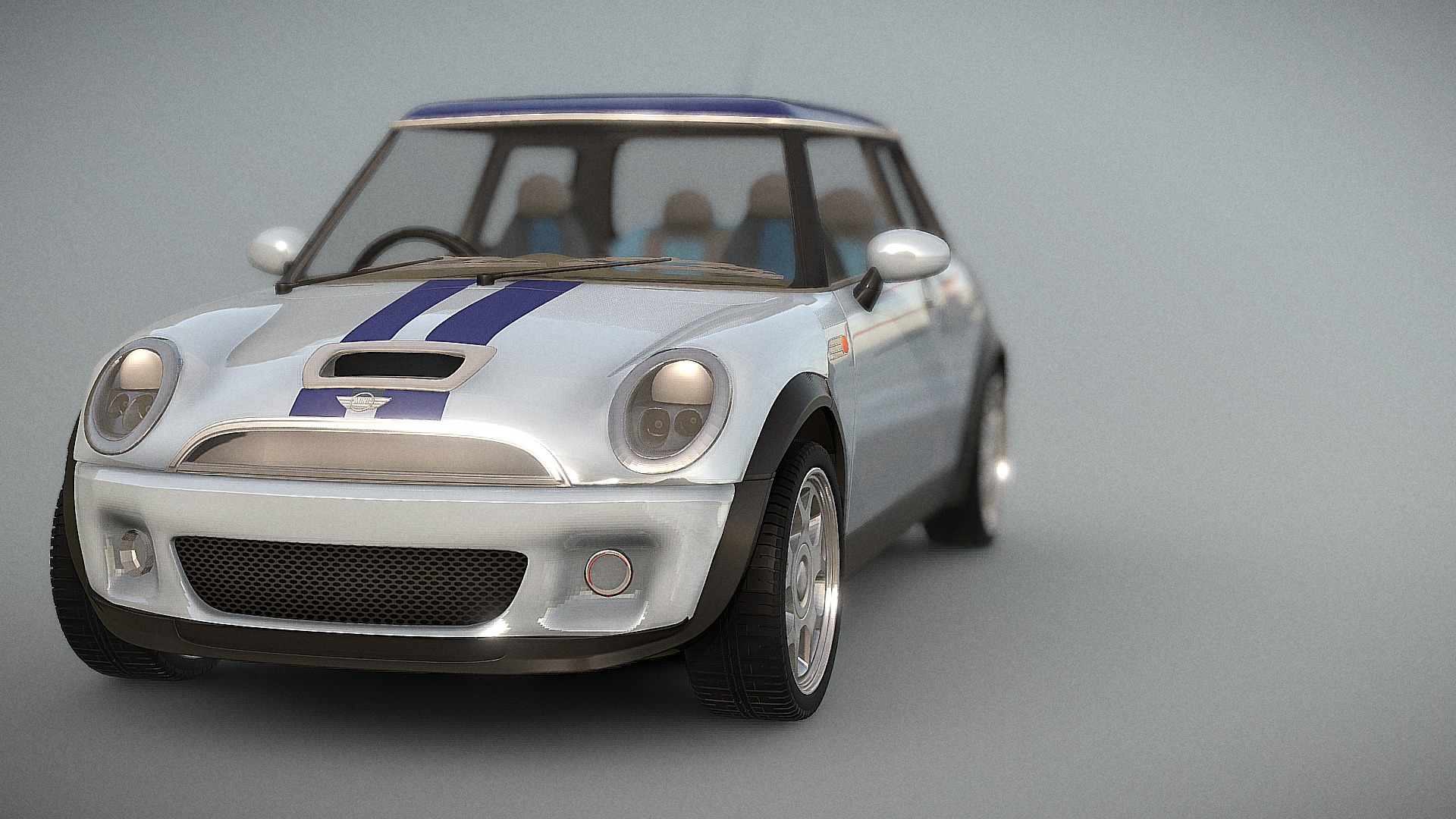 3D model Mini cooper Model - This is a 3D model of the Mini cooper Model. The 3D model is about a silver car with a blue stripe.