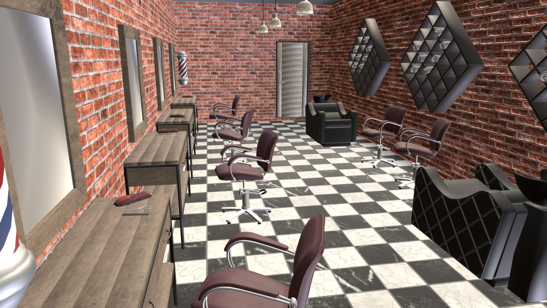 3D model Barber shop – interior and props - This is a 3D model of the Barber shop - interior and props. The 3D model is about a room with chairs and tables.