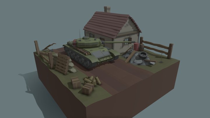 Tank On Battlefield - LowPoly Diorama 3D Model