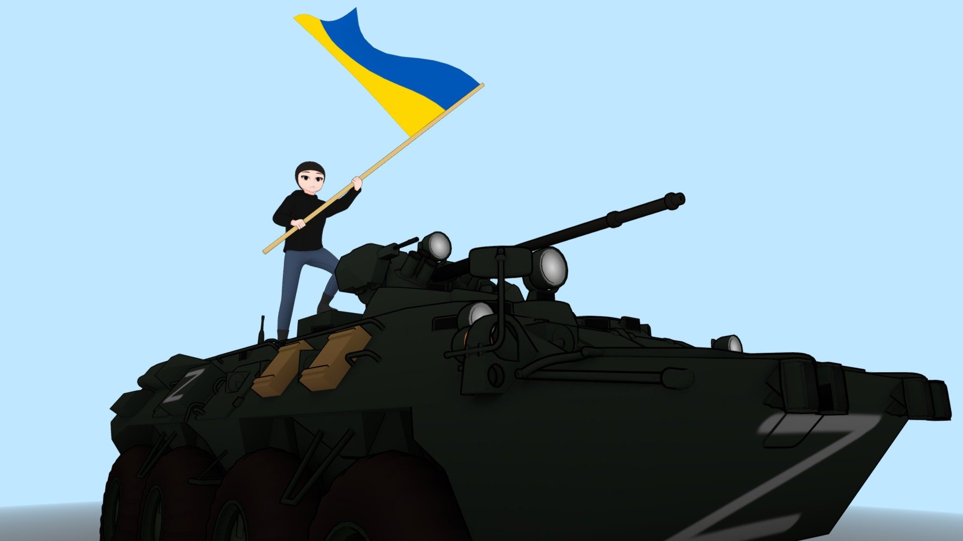 Ukrainian protester on top of Russian BTR