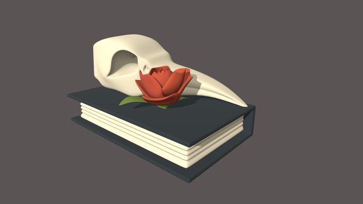 Book, crow skull and rose 3D Model