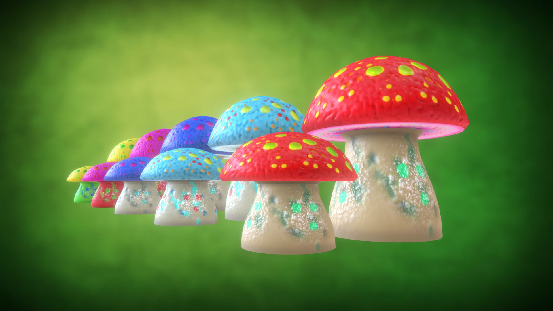 3D model Mushroom (Pack 2) - This is a 3D model of the Mushroom (Pack 2). The 3D model is about a group of colorful cupcakes.