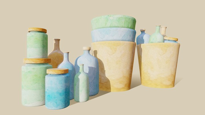 Watercolor Style Bottles 3D Model