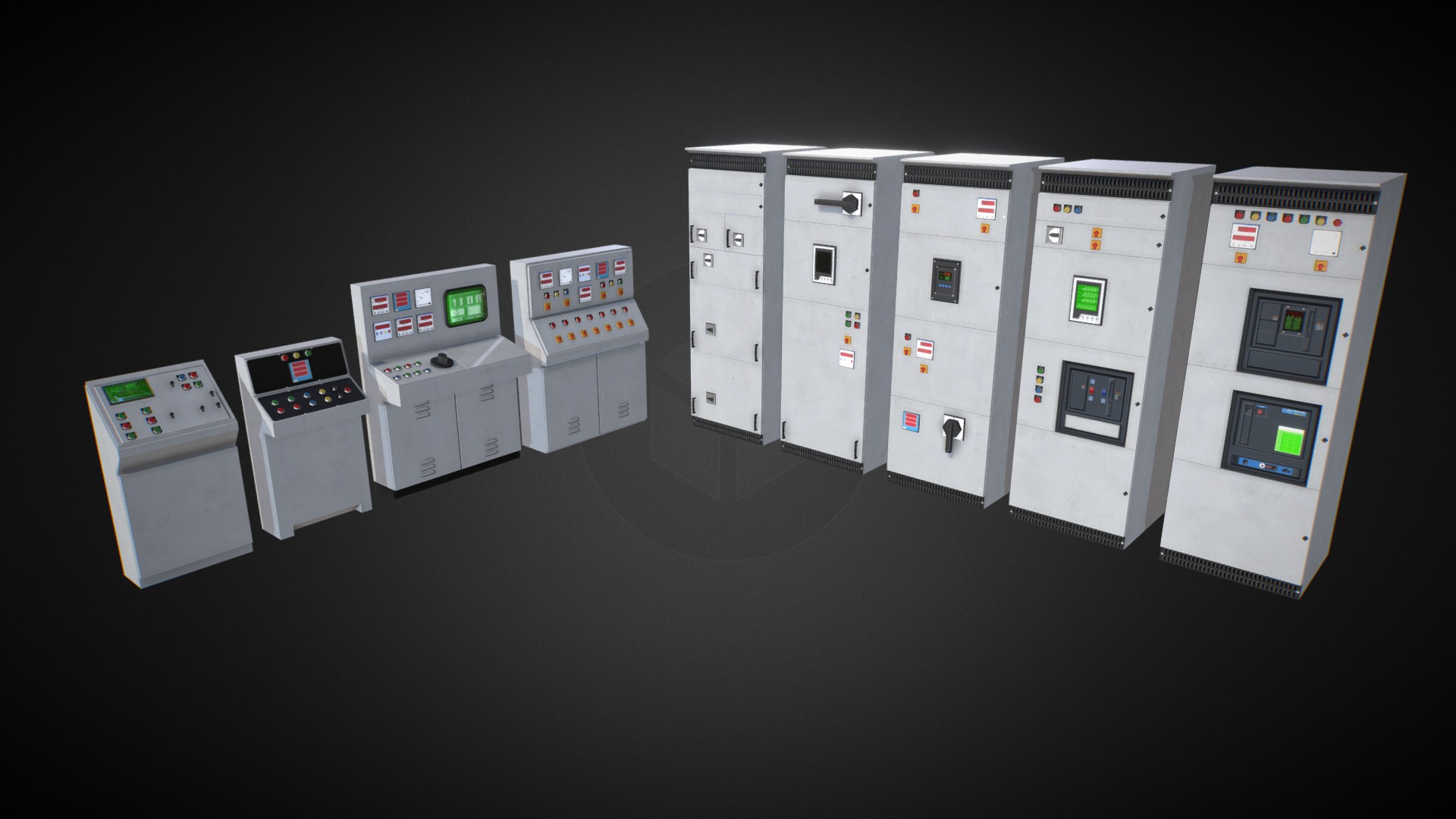 3D model Stylized Control Panels - This is a 3D model of the Stylized Control Panels. The 3D model is about a row of white boxes.