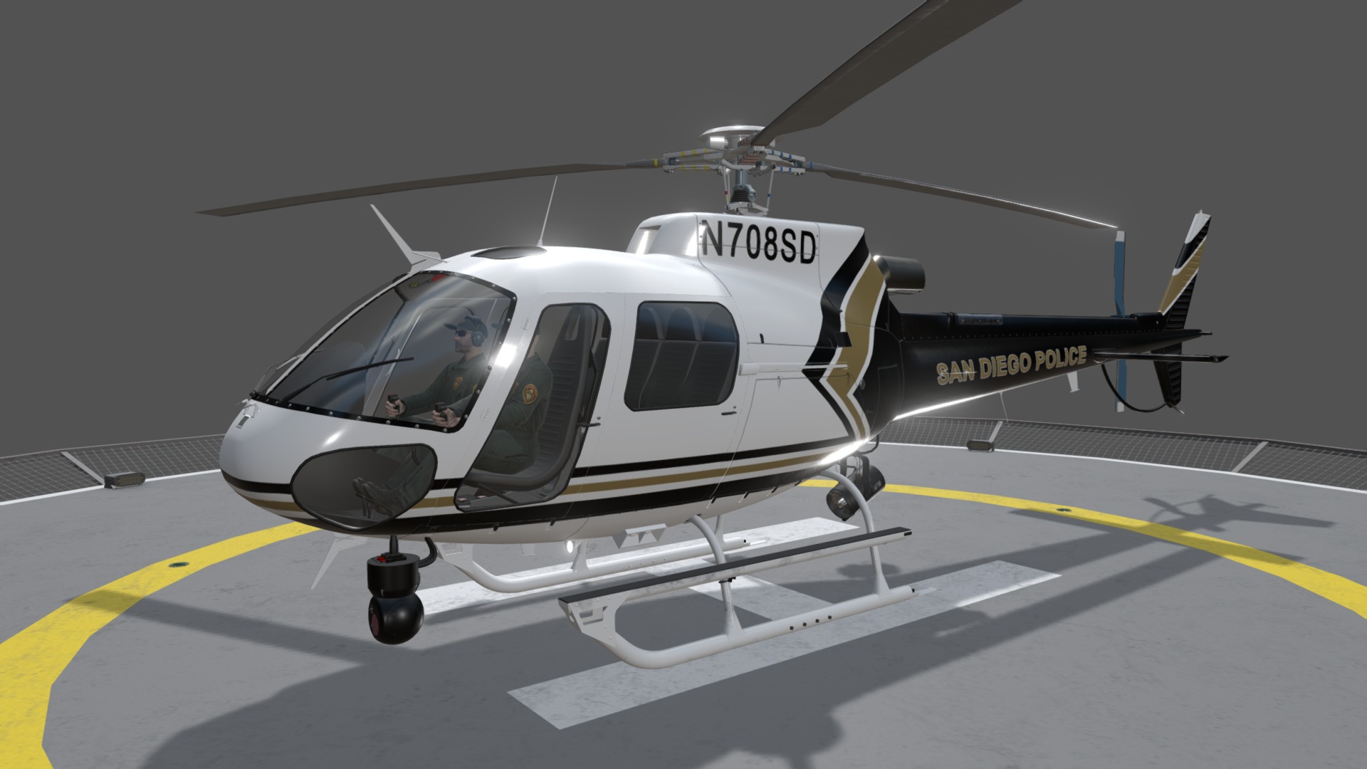 3D model AS-350 San Diego Police Animated - This is a 3D model of the AS-350 San Diego Police Animated. The 3D model is about a helicopter on a runway.