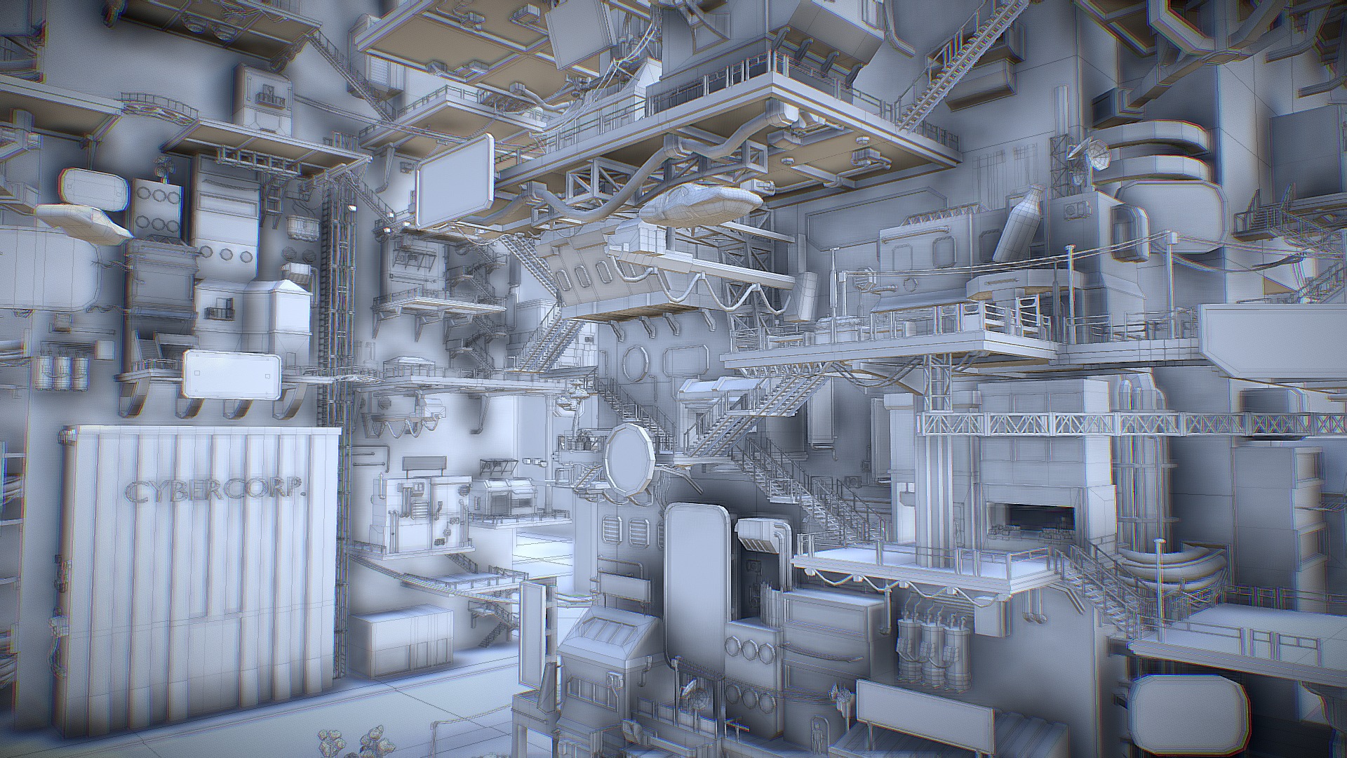 3D model Cyberpunk City (two Year Old Project) - This is a 3D model of the Cyberpunk City (two Year Old Project). The 3D model is about a large room with many white containers.