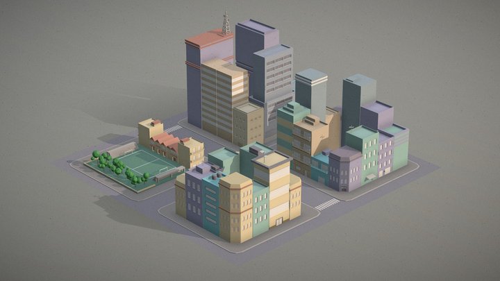 Lowpoly pack of 4 city blocks 3D Model