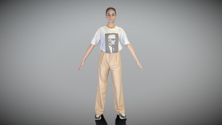 Young woman in beige trousers in A-pose 309 3D Model