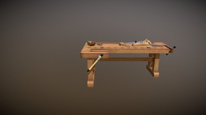 Wood Workbench with tools 3D Model