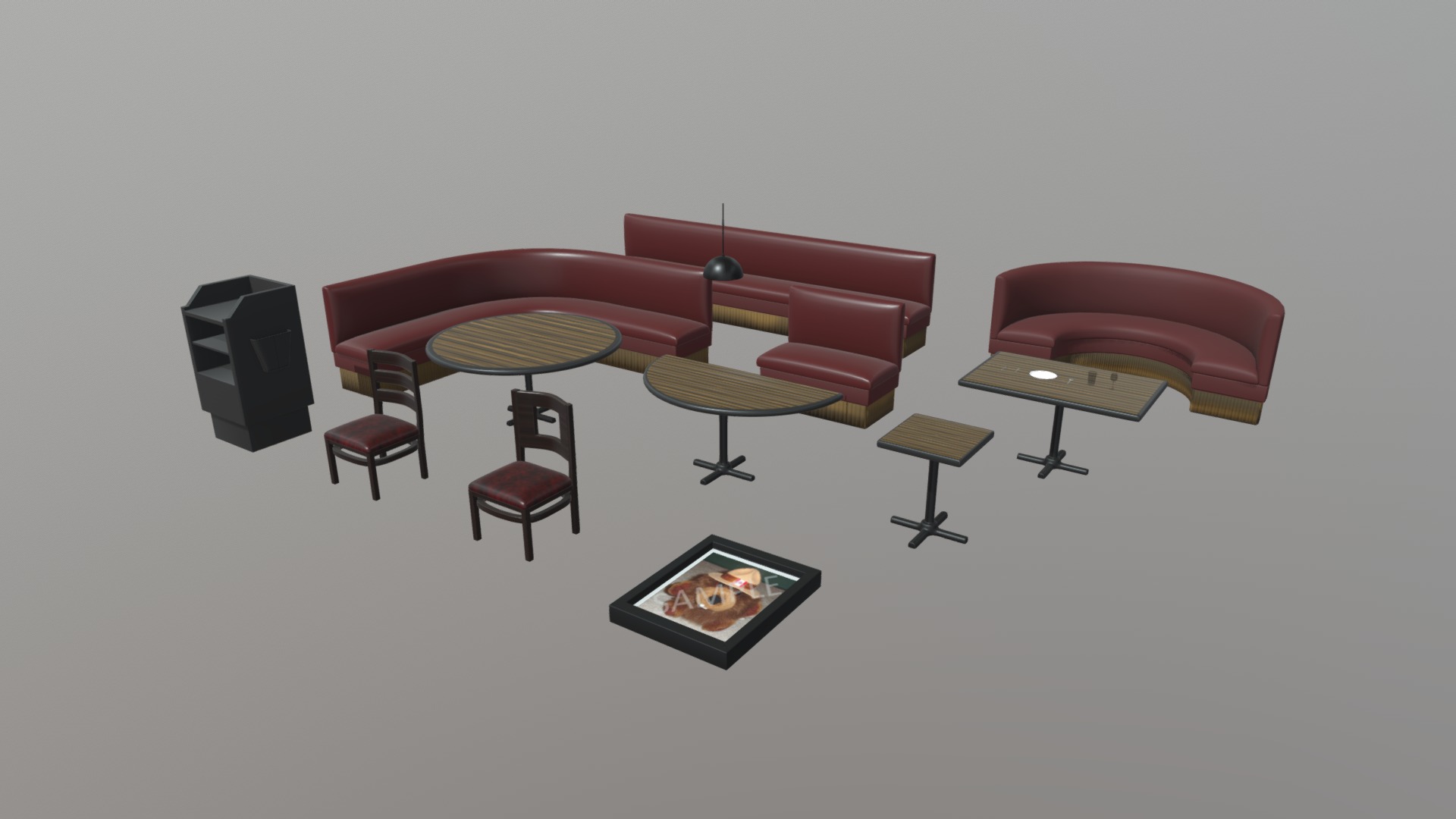 3D model Restaurant Asset Pack - This is a 3D model of the Restaurant Asset Pack. The 3D model is about a room with a table chairs and a tv.