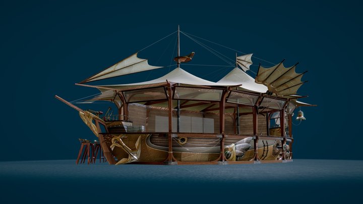 STEAMPUNK FLYING SHIP CONCEPTUAL STREETFOOD CAFE 3D Model