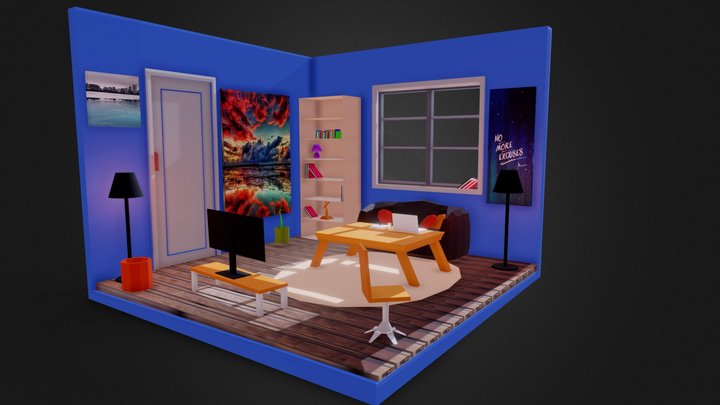 Low Poly Isometric Living Dining Room 3D Model