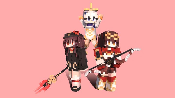 Hu tao,amber and paimon skins 3D Model