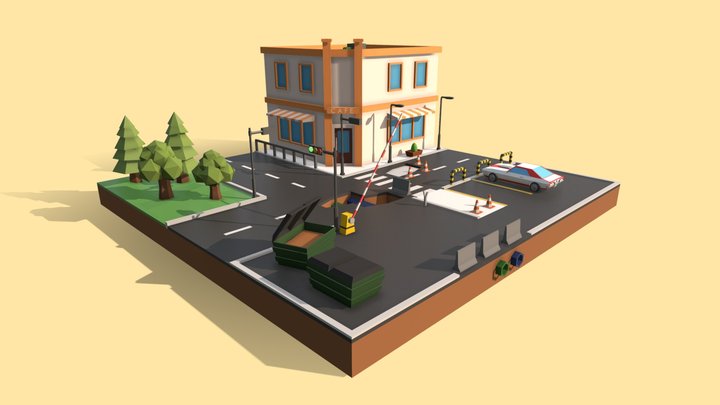Low Poly City Diorama Scene 3D Model