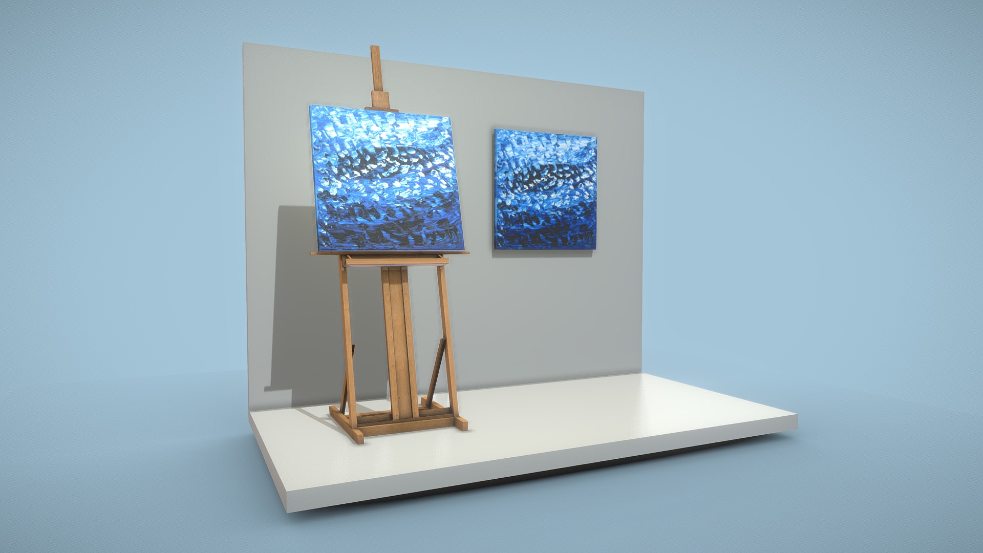 3D model Blue Transformation No.1 – Oil Painting - This is a 3D model of the Blue Transformation No.1 - Oil Painting. The 3D model is about a small wooden model of a television.