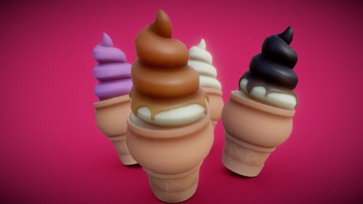 Stylized Ice Cream Cones, Multiple Flavors. 3D Model