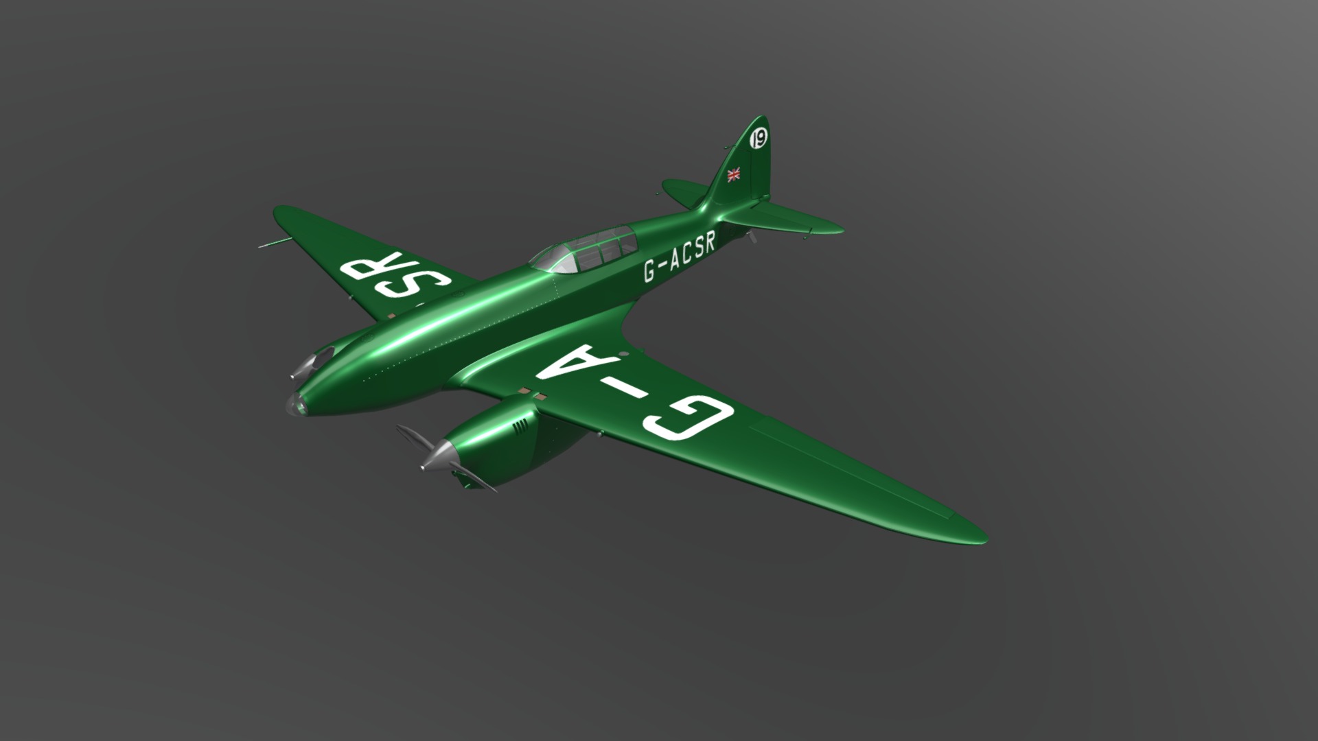 3D model DH.88 Comet - This is a 3D model of the DH.88 Comet. The 3D model is about a green and white airplane.