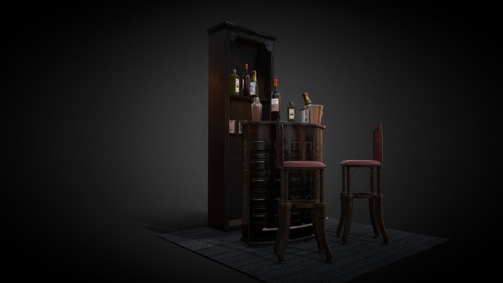 Old Bar Set  bar Cabinet Barstool drinks 3D Model