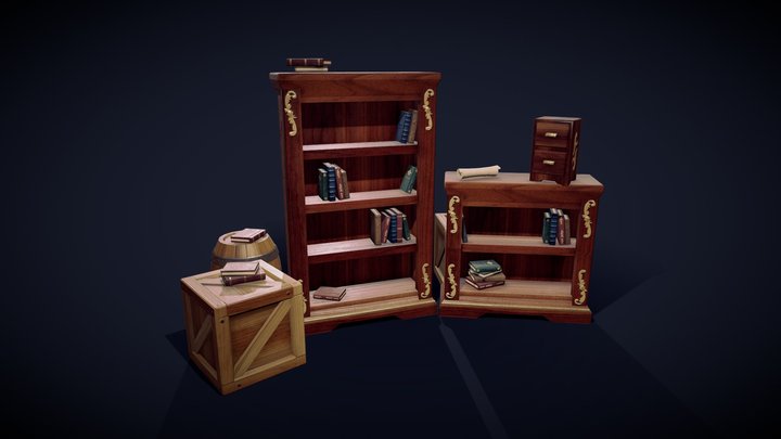 Books Barrel and Shelves 3D Model
