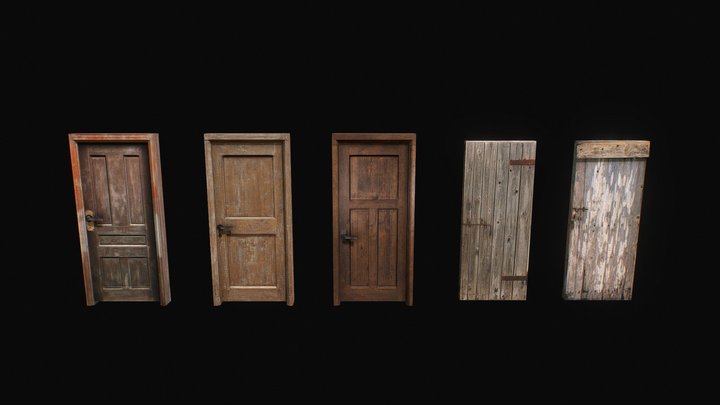 Low-Poly PSX Style Worn Wooden Doors Pack 3D Model