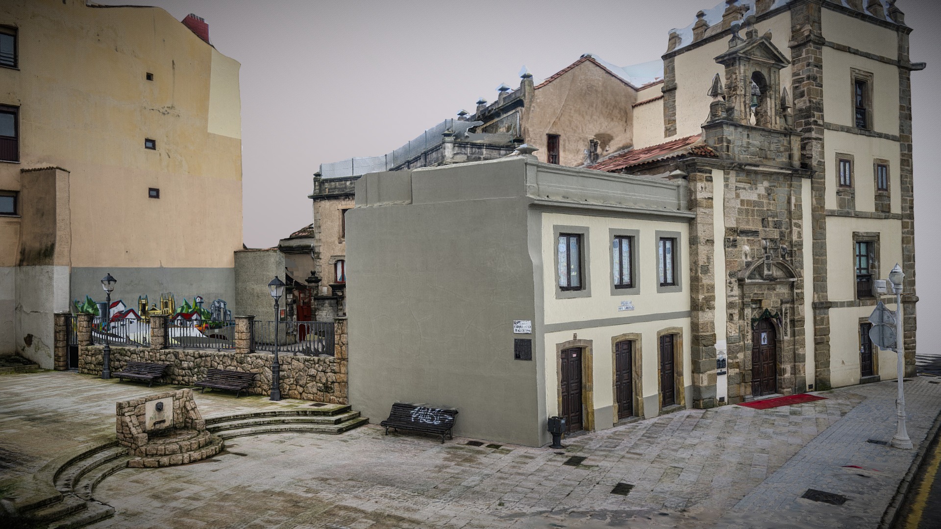 3D model Jove-Hevia tower raw photogrammetry scan - This is a 3D model of the Jove-Hevia tower raw photogrammetry scan. The 3D model is about a stone courtyard with buildings around it.