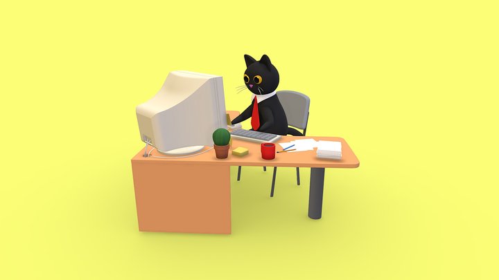 Сat working in the office 3D Model