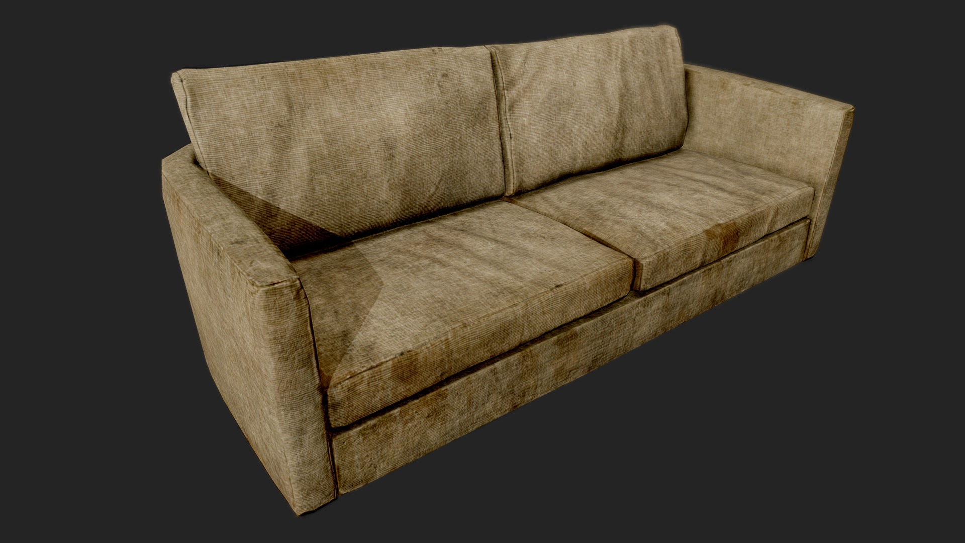 3D model Old Dirty Couch 02 Brown – PBR - This is a 3D model of the Old Dirty Couch 02 Brown - PBR. The 3D model is about a brown couch with a black background.