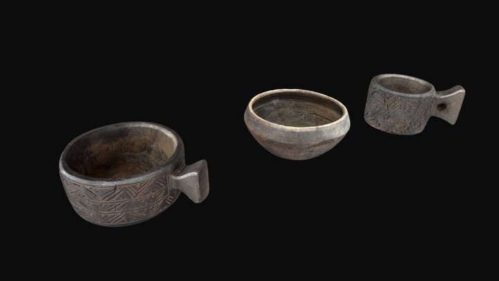 Vintage Wooden Cups & Bowl 3D Model