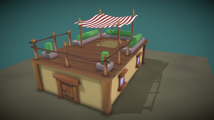 Low poly House with wooden balcony and tent 3D Model