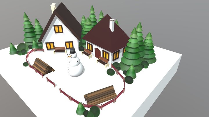 Village With Snowman 3D Model