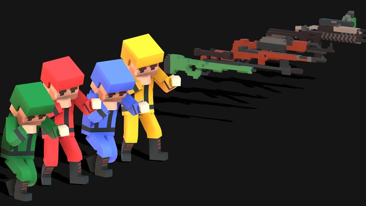 Voxel Character and Weapon 3D Model