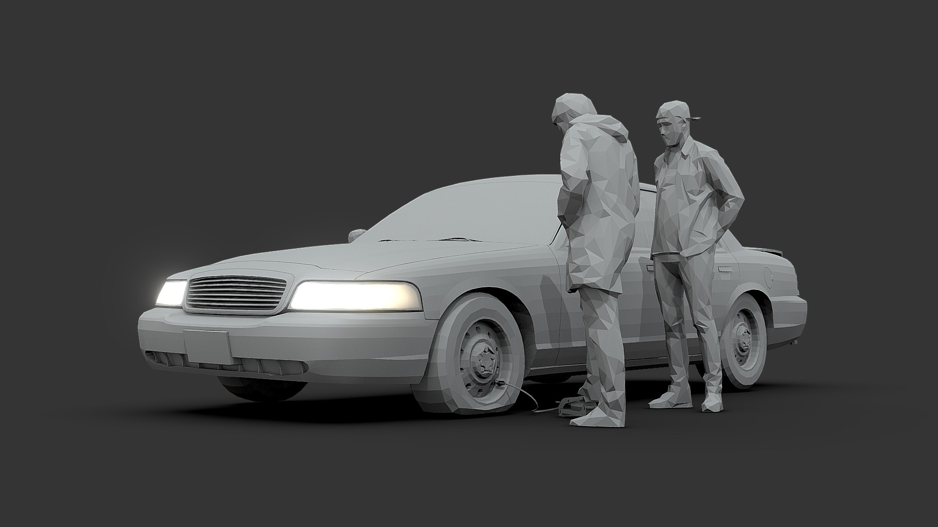 3D model Road Accident - This is a 3D model of the Road Accident. The 3D model is about a couple of men in white suits standing next to a car.