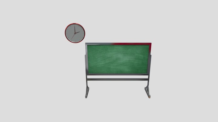 Classroom With Metal Frame Chalkboard and Clock 3D Model