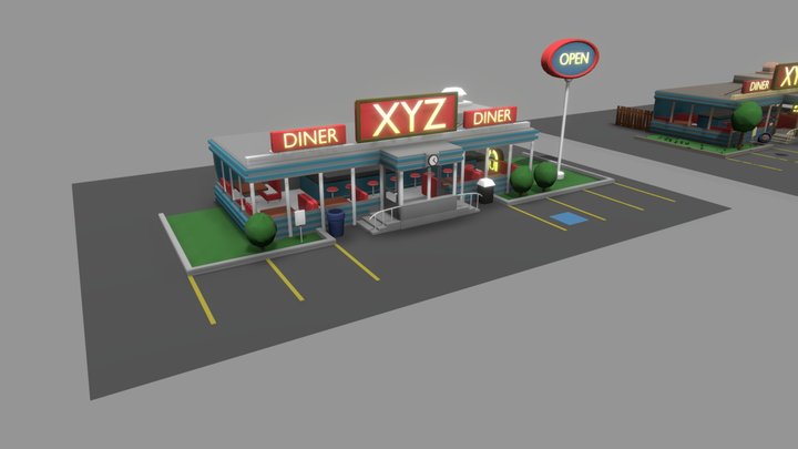 USA Diner in 3 Times (new, old, destructed) 3D Model