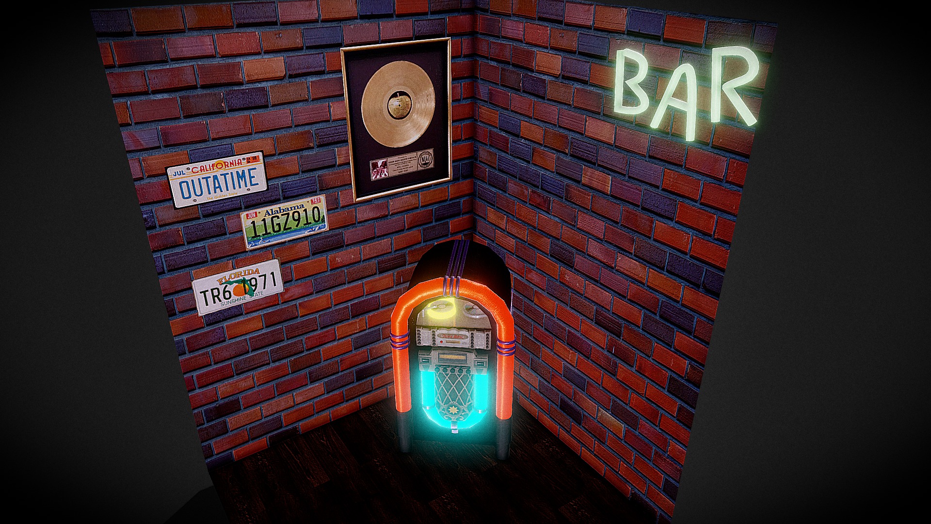 3D model Juke Box - This is a 3D model of the Juke Box. The 3D model is about a brick building with signs on it.