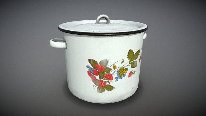 Vintage Soviet Enamel Pot with Berry Pattern 3D Model