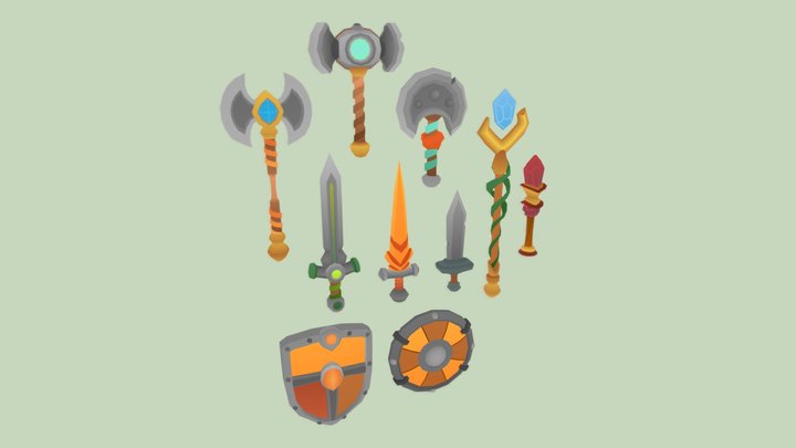 Fantasy Low-Poly Weapons & Shields 3D Model