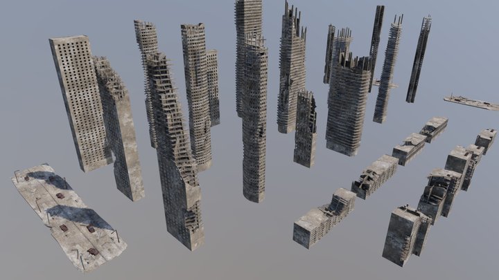 Post Apocalyptic destroyed skyscrapers Pack 3D Model