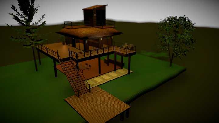 Wooden house in the middle of a stream 3D Model