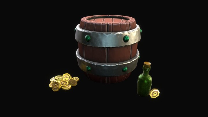Stylized pirate set / Barrel / bottle / coins 3D Model