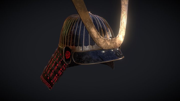Black Samurai Helmet with red sewing 3D Model