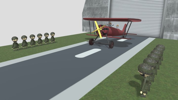 soldiers and biplane 3D Model