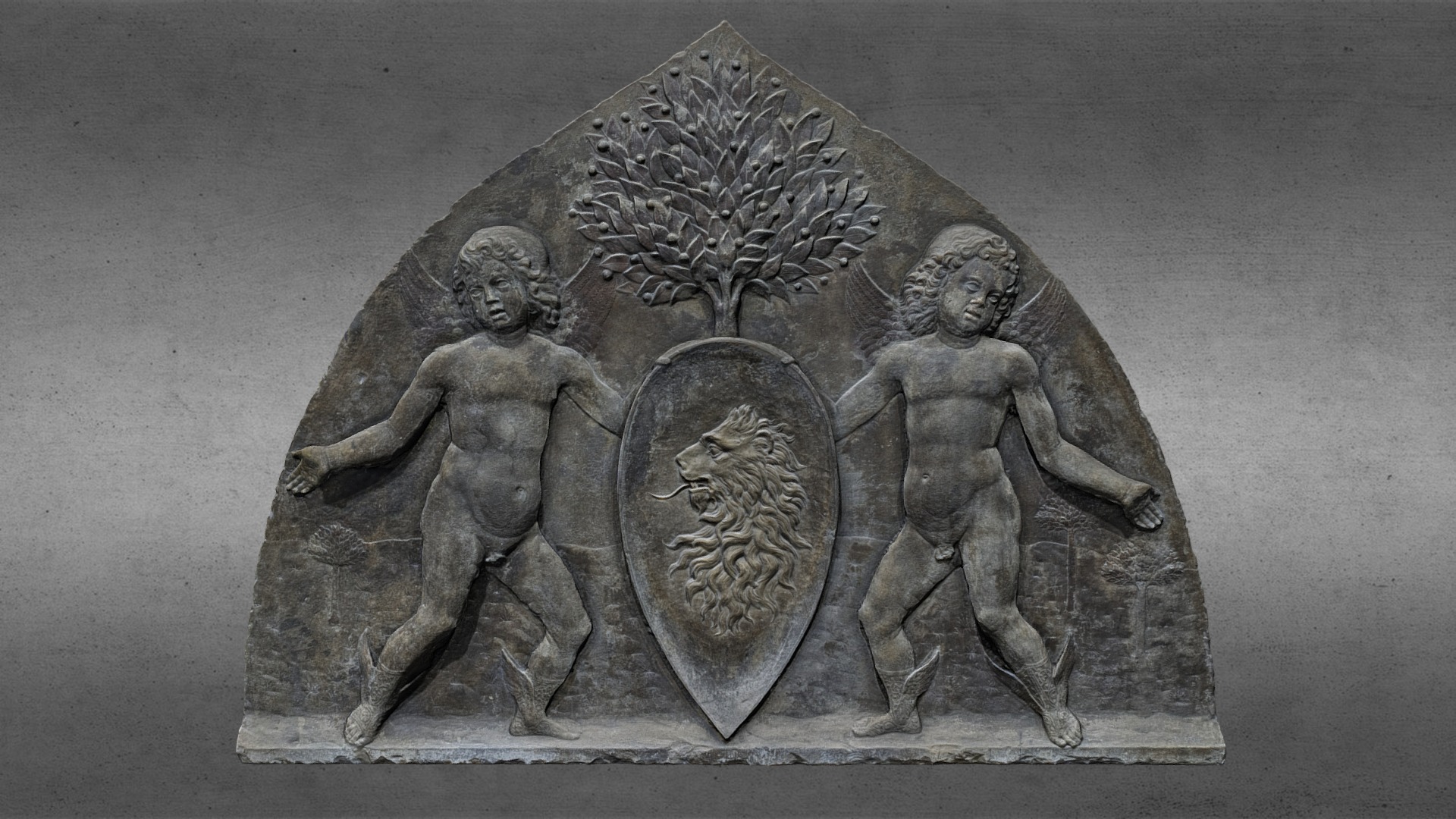 3D model Tympanum with heraldic bearings - This is a 3D model of the Tympanum with heraldic bearings. The 3D model is about a stone carving of a man and a woman.