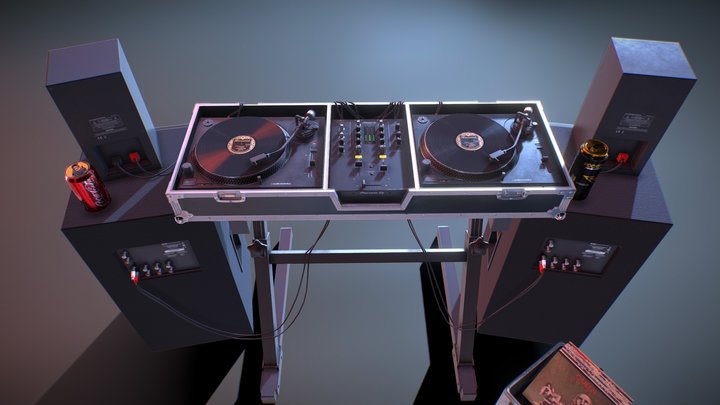 DJ Booth With Turntables, Speakers and Records 3D Model
