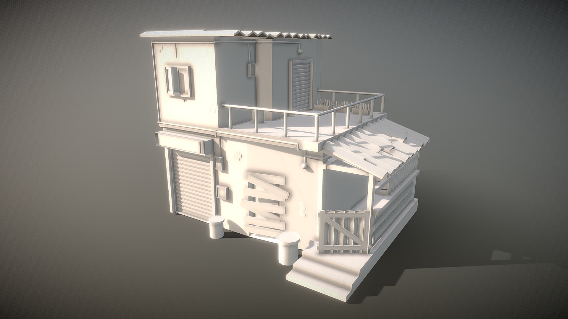 3D model HOUSE cabin set modeling - This is a 3D model of the HOUSE cabin set modeling. The 3D model is about a white house with a staircase.