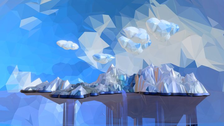 Low Polygon Art Snow Island Mountain Waterfall 3D Model