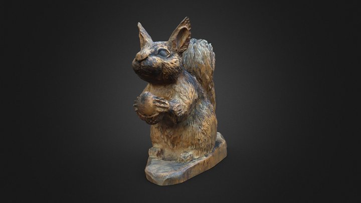 Carved Wooden Squirrel Holding a Nut 3D Model