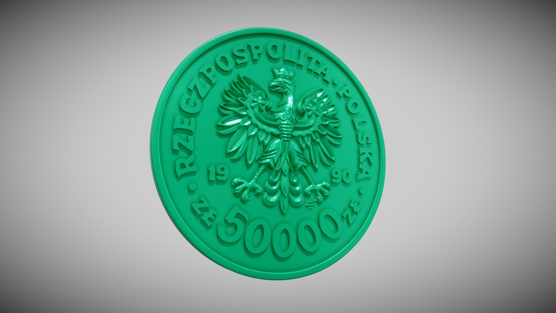 3D model Polish zloty - This is a 3D model of the Polish zloty. The 3D model is about a green coin with a green leaf.