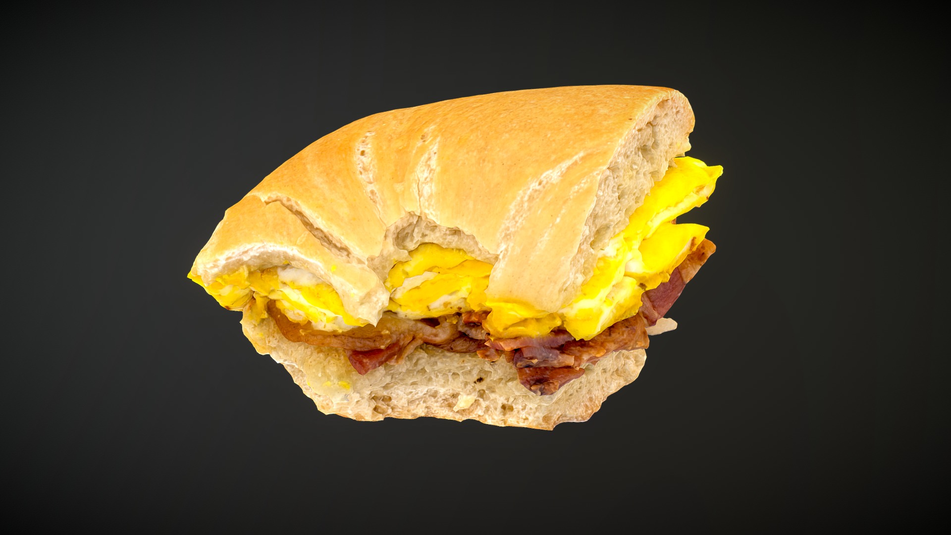 3D model Mostly eaten bagel with egg and bacon - This is a 3D model of the Mostly eaten bagel with egg and bacon. The 3D model is about a cheeseburger on a black background.